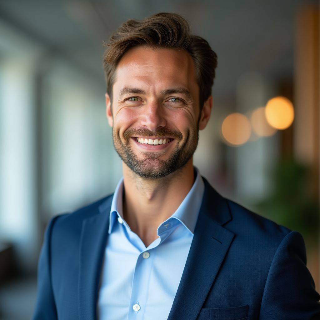 Empresario satisfecho sonriendo después de consultoría exitosa